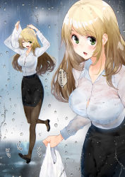 Rule 34 | 1girl, ;d, amami amayu, atago (kancolle), bag, black pantyhose, black skirt, blonde hair, blush, bra, breasts, collared shirt, commentary request, full body, high-waist skirt, high heels, kantai collection, large breasts, long hair, long sleeves, looking at viewer, office lady, one eye closed, open mouth, outdoors, pantyhose, pencil skirt, plastic bag, pumps, rain, see-through, shirt, shirt tucked in, side slit, skirt, smile, underwear, water, wet, wet clothes, wet hair, white bra, white shirt