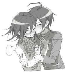 Rule 34 | ..., 2boys, ahoge, blush, buttons, checkered clothes, checkered scarf, closed eyes, cropped torso, danganronpa (series), danganronpa v3: killing harmony, double-breasted, facing another, greyscale, grin, hair between eyes, highres, holding another&#039;s wrist, jacket, kiss, kissing cheek, long sleeves, looking at another, male focus, mokemokeeeee, monochrome, multiple boys, oma kokichi, saihara shuichi, scarf, smile, spoken ellipsis, sweat, teeth, yaoi