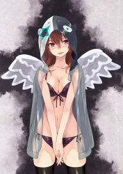 Rule 34 | 1girl, :p, angel wings, bikini, black bikini, black thighhighs, breasts, cleavage, cloak, face, front-tie top, hood, hooded jacket, hoodie, jacket, large breasts, maeda risou, navel, open clothes, open hoodie, open mouth, original, own hands clasped, own hands together, panties, print bikini, see-through, side-tie bikini bottom, side-tie panties, solo, star (symbol), star print, swimsuit, thighhighs, tongue, tongue out, underwear, v arms, wings