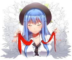 Rule 34 | 1girl, black hat, blue hair, bowler hat, breasts, center frills, cleavage, closed eyes, closed mouth, collarbone, collared shirt, flower, frills, hat, hinanawi tenshi, large breasts, long hair, necktie, neropaso, partially colored, red necktie, shirt, sidelocks, simple background, smile, solo, touhou, undone necktie, upper body, very long hair, white background, white shirt
