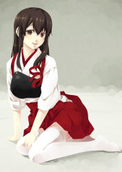 Rule 34 | 10s, 1girl, :d, akagi (kancolle), brown eyes, brown hair, japanese clothes, kantai collection, kouji (campus life), long hair, looking at viewer, muneate, no shoes, open mouth, pleated skirt, revision, sitting, skirt, smile, solo, thighhighs, white thighhighs, zettai ryouiki