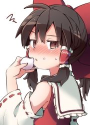 Rule 34 | 1girl, bare shoulders, blush, bow, brown eyes, brown hair, detached sleeves, eating, food, food on face, hair between eyes, hair bow, hair tubes, hakurei reimu, highres, holding, holding food, long hair, nontraditional miko, parted lips, red bow, ribbon-trimmed sleeves, ribbon trim, sidelocks, simple background, solo, touhou, white background, wide sleeves, yutamaro