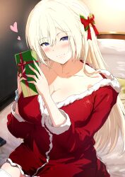 Rule 34 | 1girl, absurdres, blonde hair, blue eyes, blue nails, blush, bow, box, breasts, christmas, cleavage, collarbone, dress, fur-trimmed dress, fur trim, gift, gift box, green bow, hair between eyes, hair bow, heart, highres, holding, holding gift, large breasts, long hair, misaki nonaka, multicolored bow, on bed, original, pillow, red bow, red dress, sitting, solo, thighhighs, white thighhighs