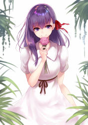 Rule 34 | 1girl, arm at side, blush, breasts, brown ribbon, commentary request, dress, fate/stay night, fate (series), flower, hair between eyes, hair ribbon, highres, holding, holding flower, jazztaki, leaf, long hair, matou sakura, medium breasts, official alternate costume, pink flower, red ribbon, ribbon, short sleeves, simple background, solo, upper body, white background, white dress