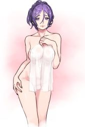 Rule 34 | 1girl, breasts, collarbone, covering privates, cowboy shot, fate/grand order, fate (series), groin, looking at viewer, minamoto no raikou (fate), naked towel, nakuta, nude, nude cover, purple eyes, purple hair, see-through, smile, solo, towel