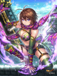 Rule 34 | 1girl, antenna hair, architecture, arm support, armor, bare shoulders, blue eyes, blue sky, boots, box (hotpppink), bra, breasts, brown hair, buckle, cleavage, closed mouth, cloud, company name, day, detached sleeves, east asian architecture, floral print, fog, greaves, green bra, green shorts, green thighhighs, hair between eyes, highres, holding, holding weapon, kunai, light particles, looking at viewer, medium breasts, official art, on roof, outdoors, print bra, print scarf, purple scarf, rooftop, rope, sash, scarf, sengoku kishin valkyrie, shimenawa, shiny skin, short hair, short shorts, shorts, skindentation, sky, smile, solo, squatting, tassel, thigh strap, thighhighs, tsurime, underwear, vambraces, weapon, white footwear, wind