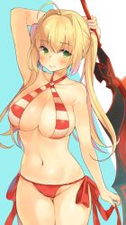 Rule 34 | 1girl, ahoge, arm up, armpits, bad id, bad twitter id, bare shoulders, bikini, blonde hair, blush, breasts, cleavage, cleft of venus, closed mouth, cowboy shot, criss-cross halter, fate/grand order, fate (series), green eyes, hair intakes, halterneck, highres, large breasts, long hair, looking away, mirei, navel, nero claudius (fate), nero claudius (fate) (all), nero claudius (swimsuit caster) (fate), side-tie bikini bottom, simple background, smile, solo, striped bikini, striped clothes, swimsuit, sword, twintails, weapon