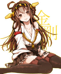 Rule 34 | 10s, 1girl, ahoge, bare shoulders, breasts, brown eyes, brown hair, cleavage, detached sleeves, double bun, hair ornament, hairband, headgear, highres, japanese clothes, kantai collection, kiwamete bureibuna mato, kongou (kancolle), large breasts, long hair, looking at viewer, personification, sitting, smile, solo, wariza, white background