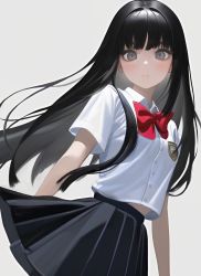Rule 34 | 1girl, ai-assisted, bad id, bad twitter id, black hair, black skirt, bow, bowtie, buttons, character request, closed mouth, commentary request, copyright request, gotenmocha, grey eyes, highres, logo, long hair, looking at viewer, pleated skirt, red bow, red bowtie, school uniform, shirt, short sleeves, skirt, solo, white background, white shirt