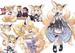 Rule 34 | 0 0, 4girls, ^ ^, animal ears, arknights, bare shoulders, black footwear, black gloves, black jacket, black necktie, blonde hair, blue bow, blue dress, blue hairband, blush, book, bow, braid, breasts, brown hair, cat ears, cat girl, closed eyes, clothing cutout, collared shirt, dress, earpiece, eyepatch, flying sweatdrops, fox ears, fox tail, full body, gloves, green eyes, grey hair, hair between eyes, hair bow, hair ornament, hairband, hat, hat bow, highres, holding, holding book, jacket, kitsune, long hair, long sleeves, lying, material growth, medical eyepatch, mousse (arknights), multicolored hair, multiple girls, multiple tails, multiple views, necktie, no shoes, on side, open book, open mouth, oripathy lesion (arknights), pantyhose, pink bow, pink eyes, pink hair, popukar (arknights), purple headwear, purple jacket, shamare (arknights), shirt, shoes, short hair, shoulder cutout, simple background, single glove, single wrist cuff, skull hair ornament, sleeping, small breasts, smile, standing, suzuran (arknights), tail, twintails, two-tone dress, white background, white dress, white hair, white pantyhose, white shirt, white wrist cuffs, wrist cuffs, yoko2yuray
