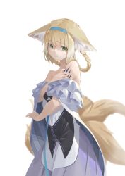 Rule 34 | 1girl, absurdres, animal ears, arknights, bare shoulders, blonde hair, blue hairband, braid, braided hair rings, commentary, cowboy shot, dress, fox ears, green eyes, hair rings, hairband, highres, looking at viewer, off-shoulder dress, off shoulder, short hair, short sleeves, simple background, solo, standing, suzuran (arknights), white background, yueyue no hand