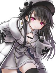 Rule 34 | 1girl, :o, azur lane, black gloves, black hair, black ribbon, black thighhighs, blush, bow, breast pocket, breasts, cleavage, coat, coat dress, commentary request, cowboy shot, detached collar, fur-trimmed coat, fur trim, gloves, hair bow, hair ribbon, hand on own hip, hat, highres, large breasts, leaning forward, long hair, long sleeves, looking at viewer, off-shoulder coat, off shoulder, one side up, open mouth, padded coat, pamiat merkuria (azur lane), pocket, purple eyes, ribbon, russian clothes, sidelocks, simple background, smile, solo, standing, thighhighs, tokisaka ena, underbust, white background, white coat, white hat, zettai ryouiki