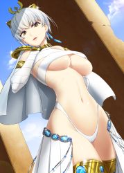Rule 34 | 1girl, a (phrase), absurdres, arm wrap, bikini, bikini bottom only, blue sky, breasts, capelet, choker, cleopatra (majo taisen chronicle), commentary request, earrings, from below, hair ornament, highres, jewelry, large breasts, looking at viewer, majo taisen chronicle, mattari yufi, navel, open mouth, short hair, sky, smile, solo, strapless, swimsuit, thighhighs, tube top, twitter username, underboob, upper body, white hair, yellow eyes