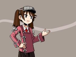 Rule 34 | 1girl, brown eyes, brown hair, flat chest, hair tie, hand on own hip, japanese clothes, kantai collection, kariginu, magatama, open hand, open mouth, pleated skirt, ribbon-trimmed sleeves, ribbon trim, ryuujou (kancolle), sixten, skirt, smile, solo, twintails, upper body, visor cap