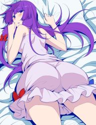 Rule 34 | 1girl, alternate costume, ass, bare shoulders, blush, bow, commentary request, eichi yuu, hair bow, lingerie, long hair, looking at viewer, lying, negligee, no headwear, no headwear, on bed, on stomach, patchouli knowledge, pillow, purple hair, red bow, solo, touhou, underwear