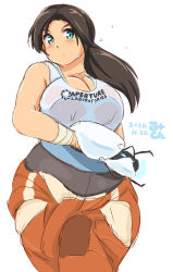 Rule 34 | 1girl, bare shoulders, blue eyes, blush, breasts, brown hair, chell, cleavage, large breasts, long hair, looking at viewer, mikomu, plump, ponytail, portal (series), portal 1, solo, sweat, wide hips