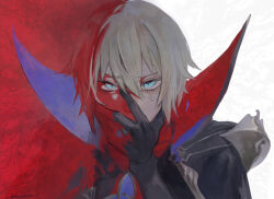 Rule 34 | 1boy, armor, artist name, black cape, black shirt, blonde hair, blue cape, blue eyes, cape, covering own mouth, dainsleif (genshin impact), genshin impact, hair between eyes, hand on own face, hand up, highres, kaimochi0839, long sleeves, looking at viewer, male focus, red background, shirt, short hair, shoulder armor, solo, star-shaped pupils, star (symbol), sweatdrop, symbol-shaped pupils, two-sided cape, two-sided fabric, upper body, v-shaped eyebrows, white background