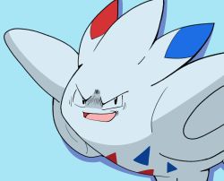 Rule 34 | black eyes, blue background, creature, creatures (company), evil smile, game freak, gen 4 pokemon, highres, looking at viewer, nintendo, no humans, open mouth, pokemon, pokemon (creature), rei (esprei96), smile, solo, togekiss, tongue, wings