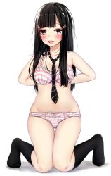 Rule 34 | 1girl, black hair, bra, brown hair, groin, hair ornament, hairclip, highres, kneeling, long hair, looking at viewer, navel, necktie, open mouth, original, panties, pikacchi, smile, solo, striped bra, striped clothes, striped panties, underwear, undressing