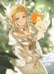 Rule 34 | 1girl, blonde hair, blurry, blurry background, breasts, cleavage, collarbone, cowboy shot, day, final fantasy, final fantasy xiv, fur-trimmed robe, fur trim, green eyes, half updo, highres, horns, jewelry, kan-e-senna, long sleeves, looking at viewer, medium breasts, moogle, mugi kosuta, necklace, off shoulder, outdoors, own hands together, padjal, ring, robe, short hair, smile, solo, staff, standing, sunlight, v arms, weapon, weapon on back, white robe, wide sleeves