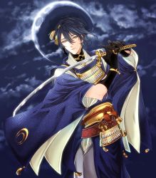 Rule 34 | 10s, 1boy, armor, bad id, bad pixiv id, black gloves, blue eyes, blue hair, crescent moon, gloves, highres, japanese armor, japanese clothes, looking at viewer, male focus, matching hair/eyes, mikazuki munechika, moon, parted lips, sayagata, shoulder armor, sode, solo, sword, touken ranbu, weapon, yuta (kchimuuuuu)