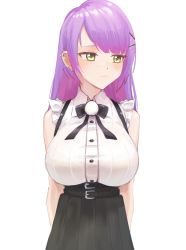 Rule 34 | 1girl, alternate breast size, belt, black belt, black bow, black skirt, blush, bow, breasts, collared shirt, embarrassed, frilled shirt, frills, frown, hair behind ear, highres, hololive, large breasts, long hair, looking to the side, official alternate costume, radioneet, shirt, skirt, sleeveless, sleeveless shirt, solo, suspenders, tokoyami towa, virtual youtuber