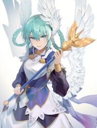 Rule 34 | 1girl, aqua eyes, aqua hair, armor, armored dress, breasts, character request, commentary request, cowboy shot, feathered wings, gold trim, hair rings, head wings, highres, holding, holding staff, long sleeves, looking at viewer, low wings, medium breasts, penguu (green528), shinrabanshou, simple background, solo, staff, white background, white wings, wings