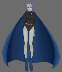 Rule 34 | 1girl, aiemu, animification, bare legs, belt, bindi, boots, cape, colored skin, dc comics, expressionless, flying, forehead jewel, frown, full body, gem, grey background, grey skin, leotard, purple eyes, raven (dc), short hair, solo, teen titans