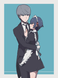 Rule 34 | 1boy, 1girl, absurdres, alternate costume, apron, black dress, black necktie, black pants, black suit, blue background, blue eyes, blue hair, blush, border, butler, closed mouth, commentary request, dress, enmaided, formal, gloves, grey eyes, grey hair, hair ribbon, hand on another&#039;s chest, height difference, highres, hug, kulea1020, long sleeves, maid, maid apron, maid headdress, narukami yuu, necktie, outside border, pants, persona, persona 4, profile, red ribbon, ribbon, shirogane naoto, shirt, simple background, smile, suit, white apron, white border, white gloves, white shirt