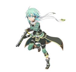 Rule 34 | 10s, 1girl, armor, blue eyes, blue hair, full body, gun, highres, holding, holding weapon, looking at viewer, matching hair/eyes, official art, rifle, riggle, scarf, shoulder armor, simple background, sinon, solo, pauldrons, sword art online, sword art online: code register, weapon, white background, white scarf