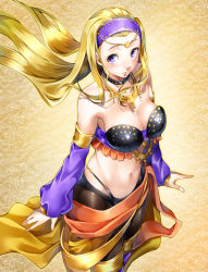 Rule 34 | 1girl, blonde hair, blue eyes, blush, breasts, choker, cleavage, crop top, dancer, detached sleeves, dragon quest, dragon quest xi, from above, hairband, highres, jewelry, long hair, looking at viewer, medium breasts, midriff, nakano maru, navel, necklace, pantyhose, purple thighhighs, senya (dq11), solo, strapless, thighhighs