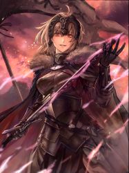 Rule 34 | 1girl, ahoge, armor, armored dress, artist request, black gloves, blonde hair, cape, fate/grand order, fate (series), flag, fur-trimmed cape, fur trim, gauntlets, gloves, headpiece, holding, holding sword, holding weapon, jeanne d&#039;arc (fate), jeanne d&#039;arc alter (avenger) (fate), jeanne d&#039;arc alter (avenger) (first ascension) (fate), jeanne d&#039;arc alter (fate), looking at viewer, short hair, solo, sword, weapon, yellow eyes