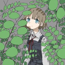 Rule 34 | 1girl, arms at sides, blue eyes, brown hair, character request, closed mouth, collared shirt, copyright request, expressionless, grey background, highres, leaf, long sleeves, looking at viewer, neck ribbon, red ribbon, ribbon, shirt, short hair, simple background, solo, tsukumizu yuu, upper body, white shirt