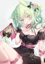Rule 34 | 1girl, animal ears, arm garter, bare arms, bare shoulders, bat wings, bell, belt, black dress, blush, bow, braid, breasts, cat ears, cat girl, cat tail, ceres fauna, cleavage, collarbone, demon wings, dress, finger to mouth, flower, gothic lolita, green hair, hair bow, hair flower, hair ornament, hand on own chest, highres, hololive, hololive english, jingle bell, large breasts, legwear garter, lolita fashion, looking at viewer, medium breasts, medium hair, mole, mole under eye, nail polish, paraffin, pink belt, pink nails, simple background, sitting, skirt, solo, tail, thigh strap, thighs, twintails, virtual youtuber, wings, yellow eyes