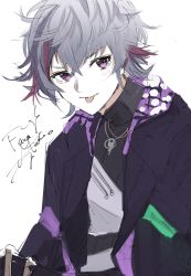 Rule 34 | 1boy, :p, absurdres, black jacket, black shirt, blush, character name, closed mouth, fuwa minato, grey hair, hair between eyes, highres, jacket, looking at viewer, male focus, multicolored hair, nijisanji, ogura tubuan, open clothes, open jacket, purple eyes, red hair, shirt, simple background, smile, solo, streaked hair, tongue, tongue out, upper body, virtual youtuber, white background