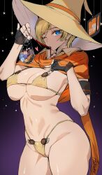Rule 34 | 1girl, armband, ashiomi masato, bikini, black gloves, blonde hair, blue eyes, breasts, candy, cleavage, fingerless gloves, food, gloves, groin, guilty gear, guilty gear strive, halloween, hat, highres, holding, holding candy, holding food, large breasts, looking at viewer, micro bikini, millia rage, navel, one eye closed, orange scarf, scarf, solo, swimsuit, thighs, underboob, witch hat, yellow bikini