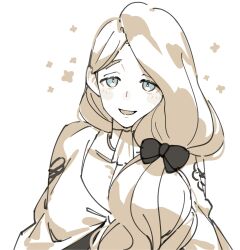 Rule 34 | 1girl, blonde hair, blue eyes, bow, brown capelet, capelet, fire emblem, fire emblem: three houses, garreg mach monastery uniform, hair bow, hair over shoulder, highres, long hair, looking at viewer, low-tied long hair, low ponytail, mercedes von martritz, nintendo, open mouth, shishima eichi, solo, uniform