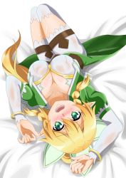 Rule 34 | 1girl, absurdres, bed sheet, blush, bracelet, braid, breasts, cape, cleavage, detached sleeves, from behind, green cape, green eyes, hair between eyes, highres, jewelry, ken-ji, leafa, long sleeves, looking at viewer, lying, medium breasts, on back, open mouth, pointy ears, shirt, short shorts, shorts, solo, sword art online, thighhighs, twin braids, waist cape, wet, wet clothes, wet legwear, wet shirt, wet shorts, white background, white shirt, white shorts, white sleeves, white thighhighs