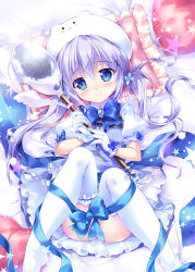 Rule 34 | 1girl, blue bow, blue eyes, blue ribbon, blue skirt, blue vest, blush, bow, character hat, closed mouth, collared shirt, commentary request, frilled skirt, frilled thighhighs, frills, gloves, gochuumon wa usagi desu ka?, hair between eyes, hat, head tilt, holding, holding spoon, kafuu chino, knees up, long hair, looking at viewer, lying, mikeou, no shoes, on back, puffy short sleeves, puffy sleeves, purple hair, ribbon, shirt, short sleeves, skirt, smile, solo, spoon, thighhighs, tippy (gochiusa), twintails, very long hair, vest, white gloves, white hat, white shirt, white thighhighs