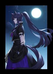 Rule 34 | 1girl, animal ears, armband, bandaid, bandaid on face, bandaid on nose, black eyes, black gloves, black hair, black jacket, border, breasts, clenched hand, closed mouth, cloud, cropped jacket, elbow gloves, feet out of frame, from side, full moon, gloves, highres, horse ears, horse girl, horse tail, jacket, long hair, moon, narita brian (hungry wolves) (umamusume), narita brian (umamusume), night, outdoors, outside border, ponytail, profile, shirt, short sleeves, sideways mouth, skirt, small breasts, solo, standing, star (sky), tail, torn clothes, torn gloves, umamusume, uruimu