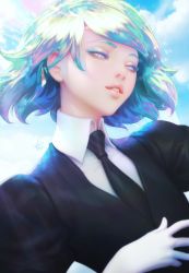 Rule 34 | 1other, androgynous, cloud, colored eyelashes, diamond (houseki no kuni), from below, gem uniform (houseki no kuni), highres, houseki no kuni, multicolored hair, parted lips, portrait, realistic, short hair, signature, sky, solo, stanley lau