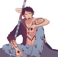 1boy arm_tattoo black_coat black_hair caydeus chest_tattoo closed_mouth coat denim earrings facial_hair goatee jeans jewelry male_focus one_piece pants short_hair sideburns simple_background sitting solo sword tattoo trafalgar_law weapon white_background