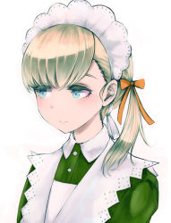Rule 34 | 1girl, alternate costume, apron, blonde hair, blue eyes, blunt bangs, dress, enmaided, frilled apron, frills, green dress, hair ornament, hair ribbon, kantai collection, kurou (bcrow), light smile, long hair, looking to the side, maid, maid headdress, ribbon, shin&#039;you (kancolle), side ponytail, simple background, solo, upper body, white apron, white background