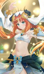 Rule 34 | 1girl, absurdres, arm up, armpits, blue nails, blue skirt, breasts, circlet, closed mouth, crop top, dancer, dancing, floating hair, genshin impact, gold trim, harem outfit, highres, hinata kokage, horns, long hair, long sleeves, looking at viewer, medium breasts, nail polish, navel, nilou (genshin impact), parted bangs, puffy long sleeves, puffy sleeves, red hair, skirt, solo, stomach, twintails, vambraces, veil