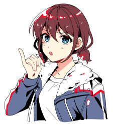 Rule 34 | 1girl, blue eyes, blue jacket, blush, brown hair, commentary request, cropped torso, girls band cry, hair between eyes, highres, iseri nina, jacket, lonlonl17635238, looking at viewer, low twintails, open clothes, open jacket, open mouth, shirt, short twintails, simple background, solo, teeth, twintails, upper body, upper teeth only, white background, white shirt