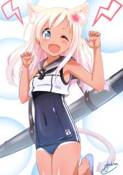 Rule 34 | 1girl, animal ears, black neckerchief, black one-piece swimsuit, black sailor collar, blonde hair, blue eyes, cat ears, cat tail, covered navel, cowboy shot, crop top, curled fingers, flower, hair flower, hair ornament, kantai collection, long hair, looking at viewer, neckerchief, one-piece swimsuit, one-piece tan, one eye closed, open mouth, ro-500 (kancolle), sailor collar, school swimsuit, school uniform, serafuku, solo, standing, standing on one leg, swimsuit, swimsuit under clothes, tail, tan, tanline, yokoshima (euphoria)