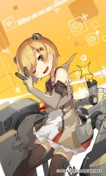 Rule 34 | 1girl, absurdres, alcohol, anchor, anchor symbol, animal ears, armband, bare shoulders, beer, beer mug, blonde hair, blush, cannon, cowboy shot, cup, detached sleeves, dress, fake animal ears, graf spee (warship girls r), hair between eyes, hair ornament, hair over one eye, hairclip, highres, holding, lino-lin, looking at viewer, machinery, mug, open mouth, red eyes, rigging, short hair, smile, solo, thighhighs, torpedo, warship girls r