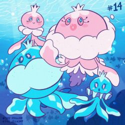 Rule 34 | blue eyes, blush stickers, character name, commentary, creature, creatures (company), english commentary, evolutionary line, frillish, frillish (female), frillish (male), full body, game freak, gen 1 pokemon, gen 5 pokemon, gyarados, jellicent, jellicent (female), jellicent (male), looking at viewer, magikarp, nintendo, no humans, pink eyes, pokedex number, pokemon, pokemon (creature), tonestarr, underwater