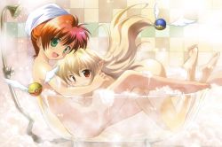 Rule 34 | 2girls, :d, :o, alternate hairstyle, aoi sora no neosphere, arched back, ass, barefoot, bath, bathing, bathtub, bent over, between legs, blonde hair, blush, breasts, clenched hands, elincie yerthrop, feet, feet up, floating hair, flying, foam, from side, full body, gradient hair, green eyes, hair between eyes, hand on another&#039;s shoulder, happy, head tilt, hug, indoors, knee up, kneepits, komatsu eiji, legs, long hair, looking at viewer, multicolored hair, multiple girls, nanoca flanka, nude, official art, open mouth, partially submerged, pointy ears, red eyes, red hair, robot, same-sex bathing, shared bathing, shower head, showering, sideboob, sitting, small breasts, smile, soap bubbles, steam, tile wall, tiles, toes, towel, towel on head, transparent, very long hair, water, white towel, wings, yuri