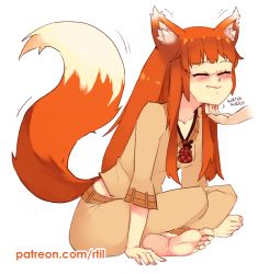 Rule 34 | 1girl, animal ears, barefoot, closed mouth, fang, hand on another&#039;s chin, holo, indian style, long hair, orange hair, patreon username, rtil, scratching chin, simple background, sitting, smile, soles, solo focus, spice and wolf, stroking another&#039;s chin, tail, watermark, web address, wolf ears, wolf girl, wolf tail
